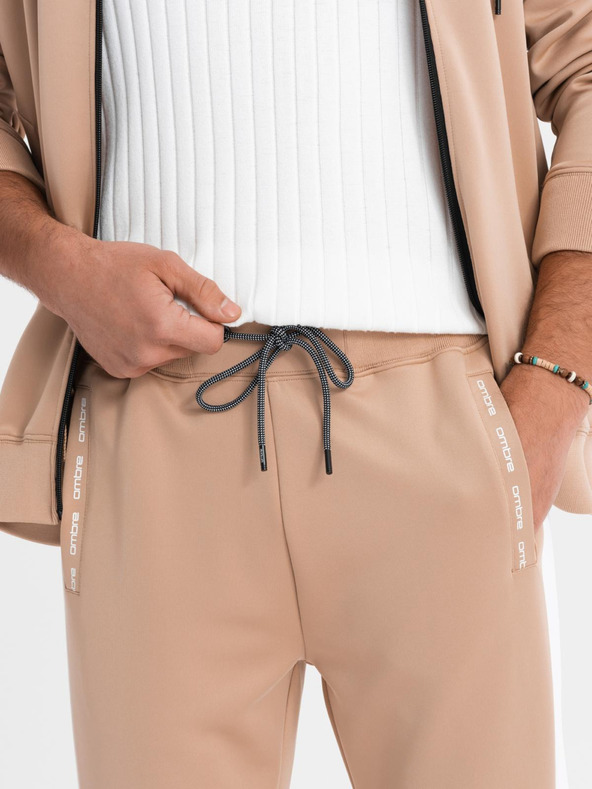 Ombre Clothing Férfi cipzáras kapucnis pulóver + jogger nadrág - bézs V4 Z118 Ombre Clothing