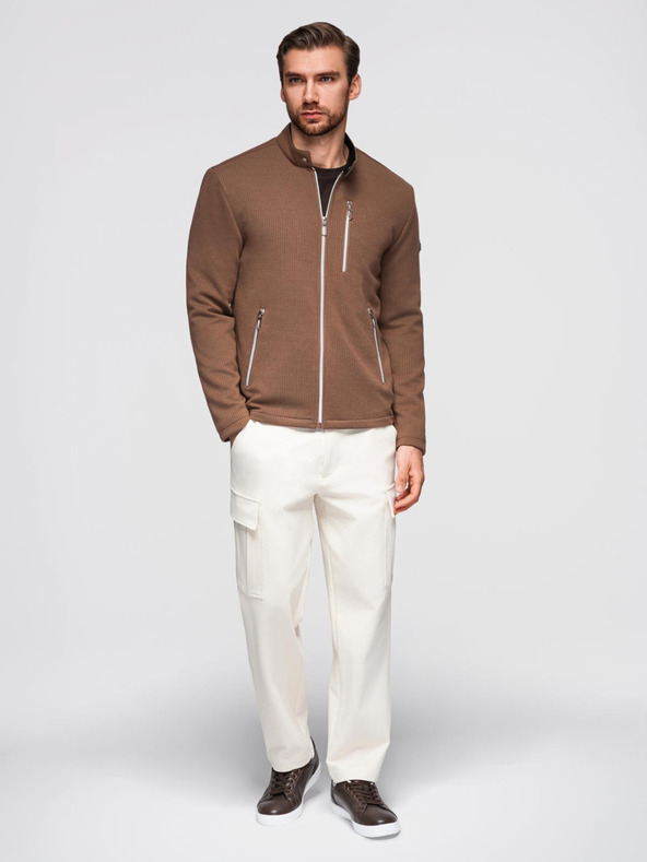 Ombre Clothing Férfi strukturált motoros dzseki magas nyakkivágással - barna V2 OM-JANP-0229 Ombre Clothing