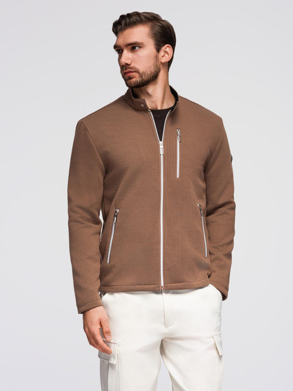 Ombre Clothing Férfi strukturált motoros dzseki magas nyakkivágással - barna V2 OM-JANP-0229 Ombre Clothing