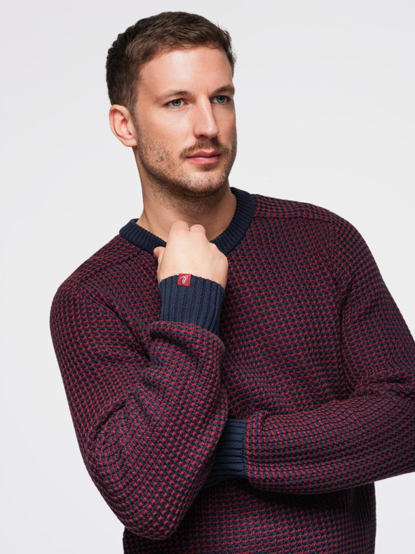 Ombre Clothing Férfi pulóver kontraszt kötéssel és kerek nyakkivágással - bordó V1 OM-SWSW-0122 Ombre Clothing