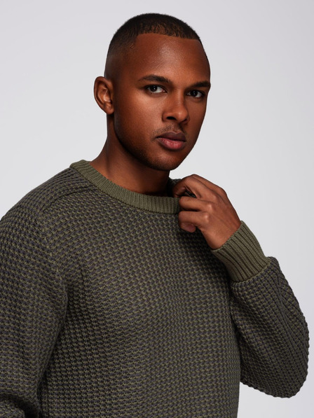 Ombre Clothing Férfi pulóver kontraszt kötéssel és kerek nyakkivágással - sötét olíva V2 OM-SWSW-0122 Ombre Clothing