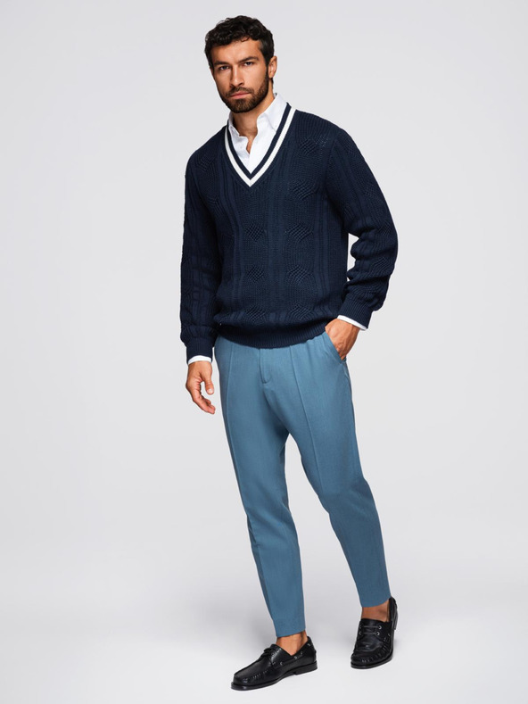 Ombre Clothing Férfi kockás pulóver nyakkivágással - sötétkék V2 OM-SWSW-0151 Ombre Clothing