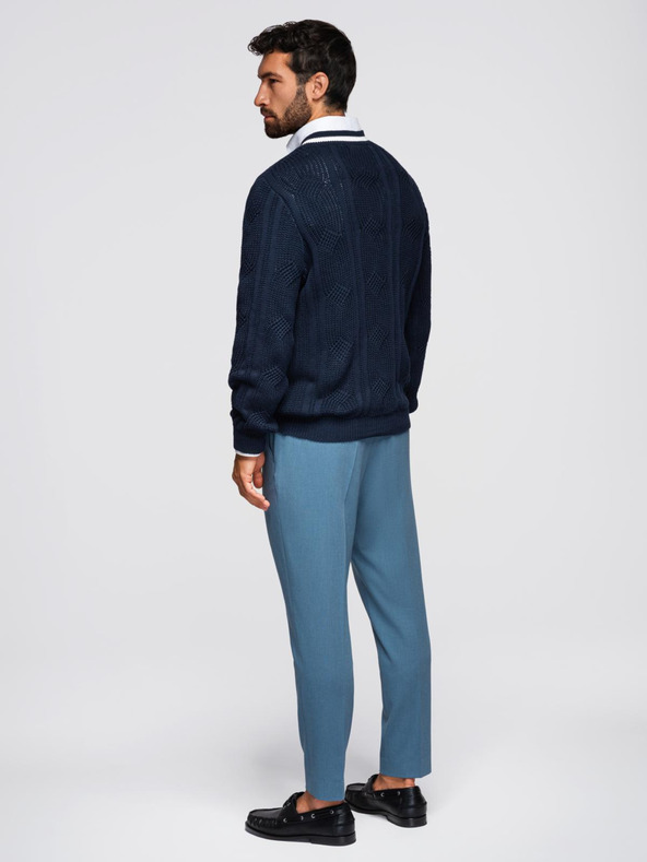 Ombre Clothing Férfi kockás pulóver nyakkivágással - sötétkék V2 OM-SWSW-0151 Ombre Clothing