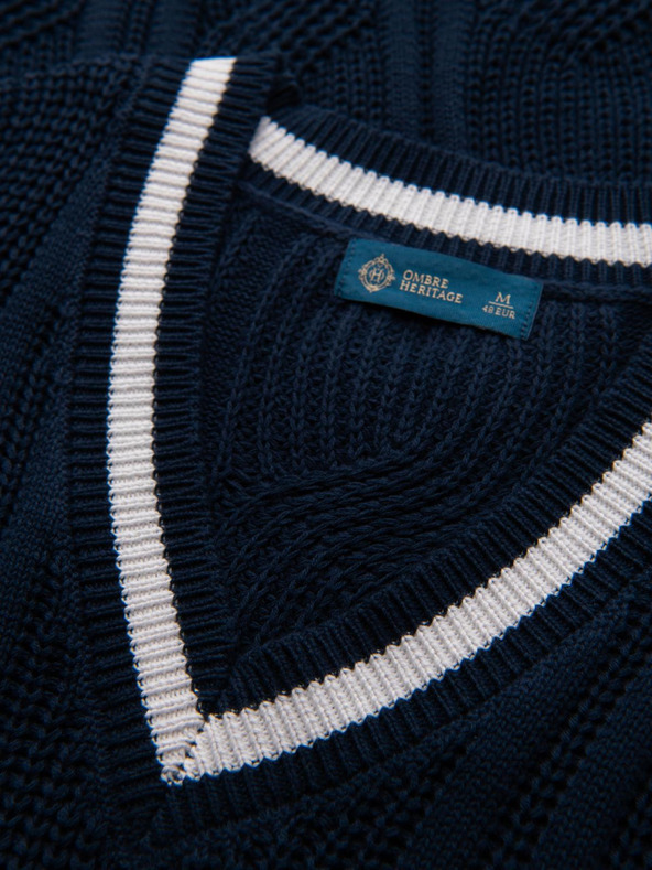 Ombre Clothing Férfi kockás pulóver nyakkivágással - sötétkék V2 OM-SWSW-0151 Ombre Clothing