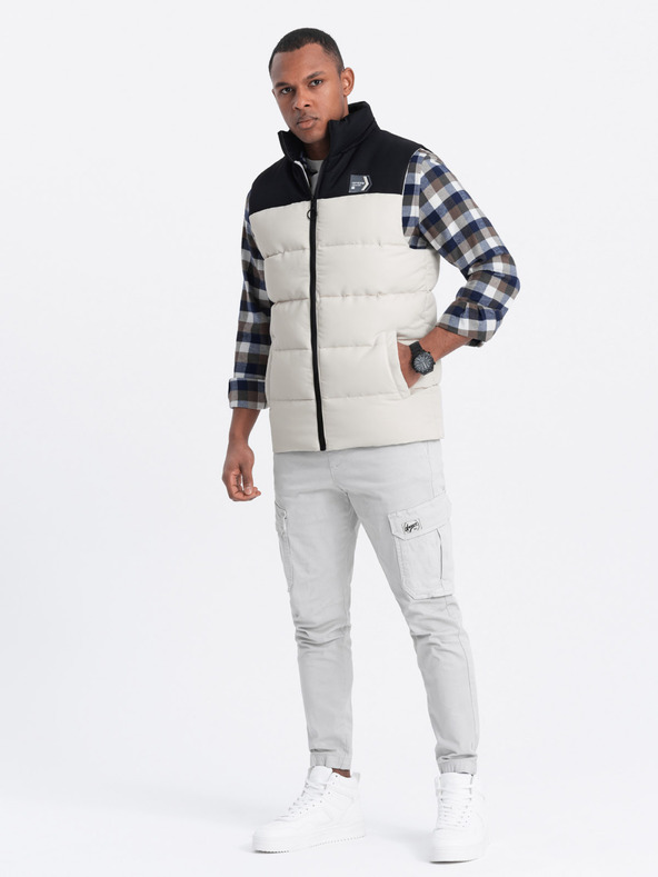 Ombre Clothing Fekete és bézs férfi steppelt mellény Ombre Ruházat