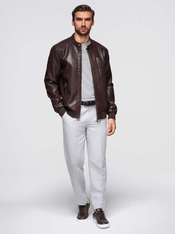 Ombre Clothing Sötétbarna férfi bőrdzseki Ombre Clothing