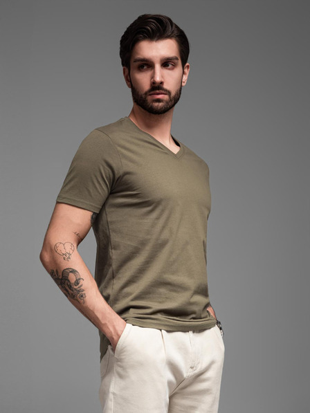 Ombre Clothing Khaki színű, férfi, v-nyakú alap póló Ombre Clothing
