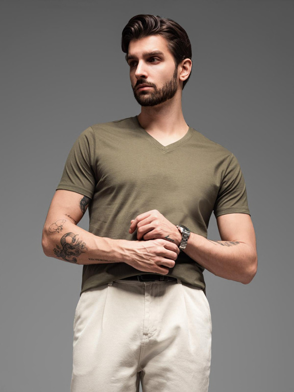 Ombre Clothing Khaki színű, férfi, v-nyakú alap póló Ombre Clothing