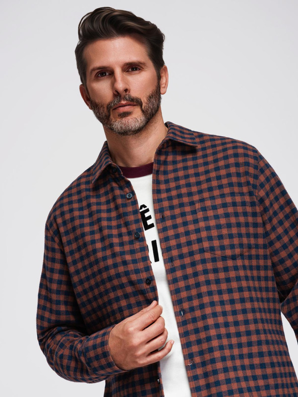 Ombre Clothing Sötétkék férfi kockás flanel ing Ombre Ruházat