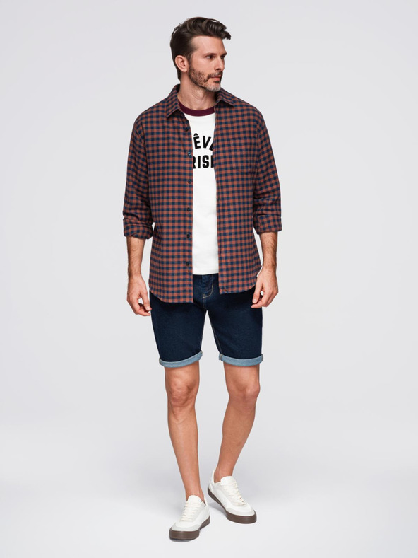 Ombre Clothing Sötétkék férfi kockás flanel ing Ombre Ruházat