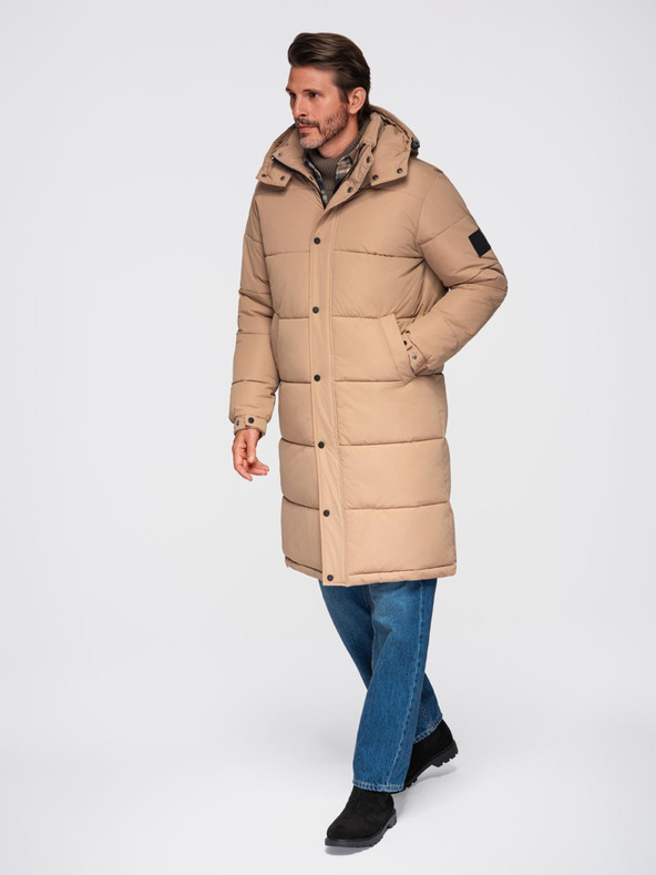 Ombre Clothing Férfi steppelt hosszú parka dzseki levehető kapucnival Ombre Clothing