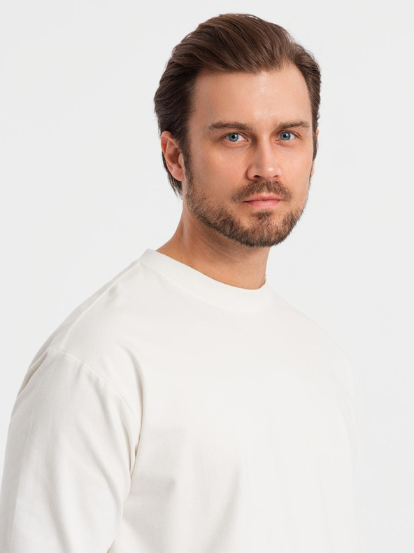 Ombre Clothing Férfi LOOSE FIT hosszú ujjú, kerek nyakú pamut póló - krém V2 OM-LSBC-0129 Ombre Ruházat Ombre Clothing
