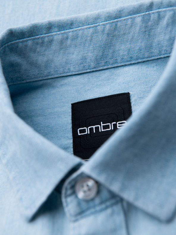 Ombre Clothing Férfi hímzett farmer ing zsebbel - világoskék Ombre Ruházat