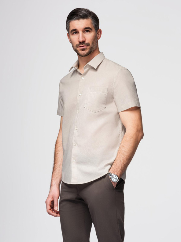 Ombre Clothing Férfi rövid ujjú ing kubai gallérral bézs Ombre Ruházat