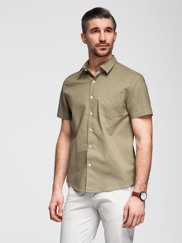 Ombre Clothing Férfi rövid ujjú ing kubai gallérral khaki Ombre Ruházat