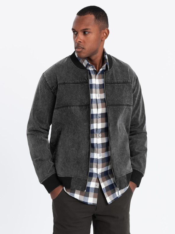 Ombre Clothing Férfi denim bomberdzseki kőmosás hatású - fekete V2 OM-JADJ-0163 Ombre Clothing