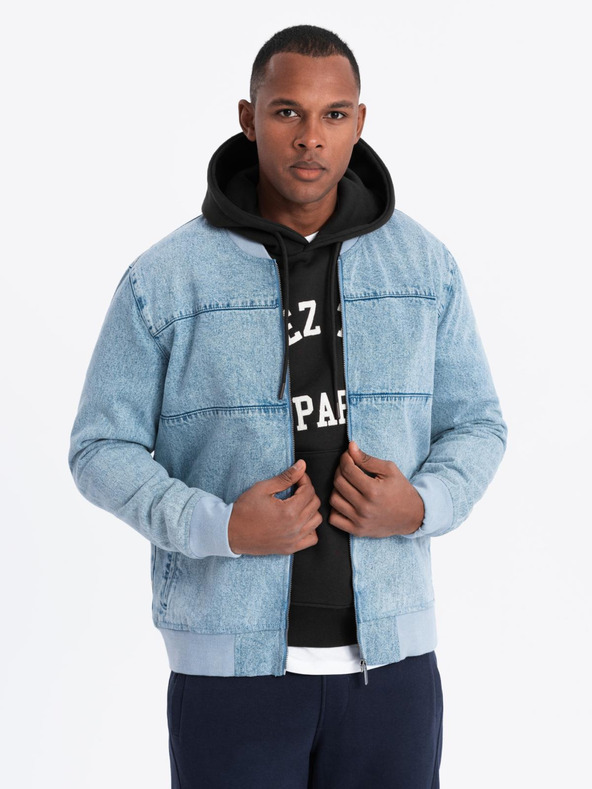 Ombre Clothing Férfi denim bomberdzseki kőmosás hatású - világoskék V3 OM-JADJ-0163 Ombre Ruházat