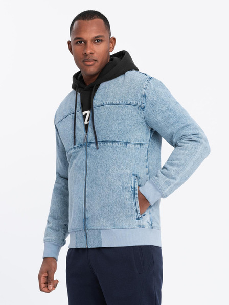 Ombre Clothing Férfi denim bomberdzseki kőmosás hatású - világoskék V3 OM-JADJ-0163 Ombre Ruházat
