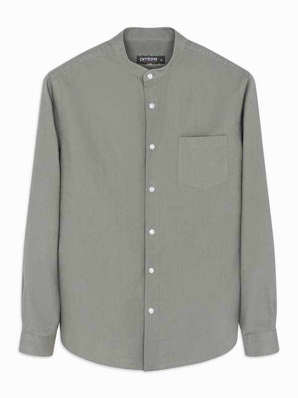 Ombre Clothing Férfi vászon ing álló gallérral és zsebbel REGULAR FIT - khaki