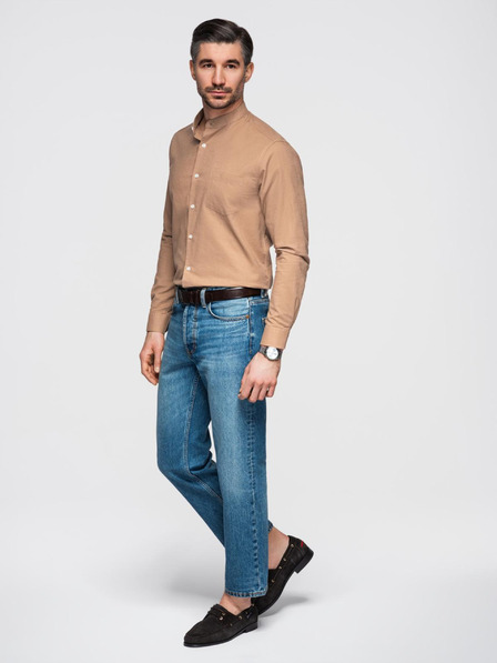 Ombre Clothing Férfi vászon ing álló gallérral és zsebbel REGULAR FIT - világosbarna