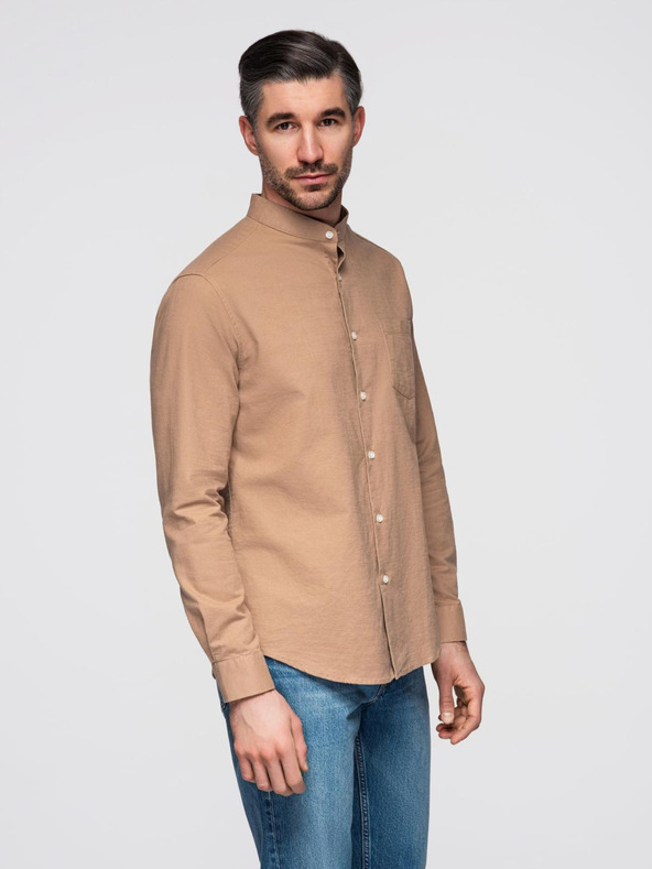 Ombre Clothing Férfi vászon ing álló gallérral és zsebbel REGULAR FIT - világosbarna
