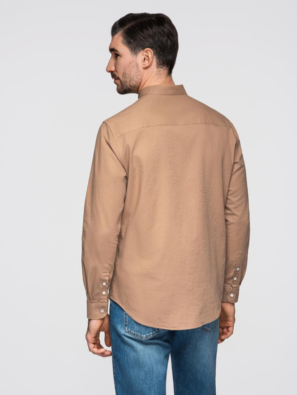 Ombre Clothing Férfi vászon ing álló gallérral és zsebbel REGULAR FIT - világosbarna