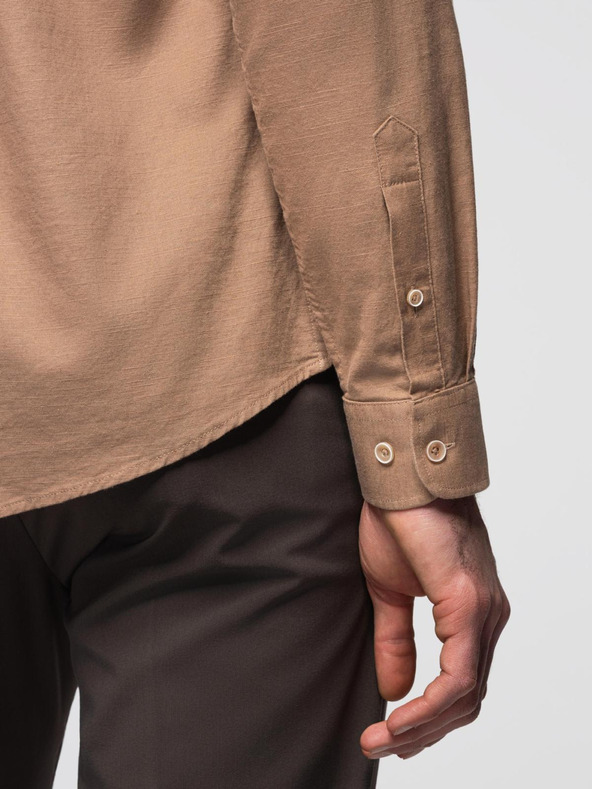 Ombre Clothing Férfi len ing klasszikus gallérral és zsebbel REGULAR FIT - világosbarna