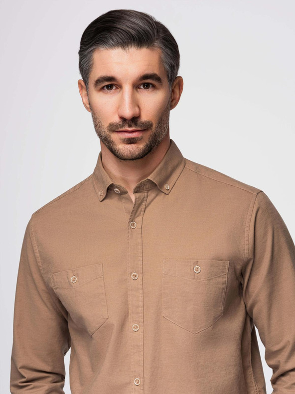 Ombre Clothing Férfi len ing klasszikus gallérral és zsebbel REGULAR FIT - világosbarna