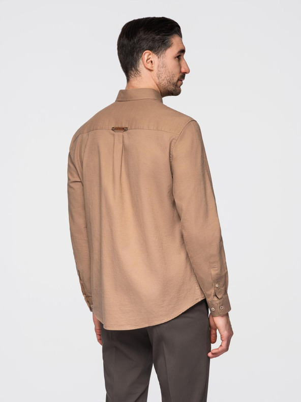 Ombre Clothing Férfi len ing klasszikus gallérral és zsebbel REGULAR FIT - világosbarna