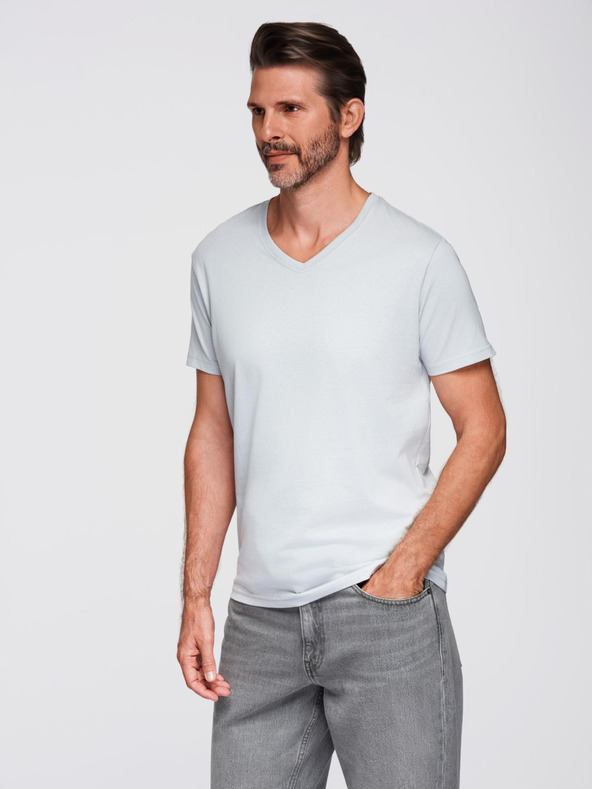 Ombre Clothing Férfi klasszikus pamut póló BASIC V-nyakkal - világosszürke