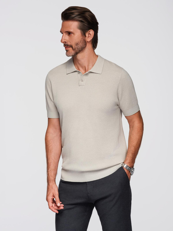 Ombre Clothing Férfi strukturált kötött pamut póló - bézs