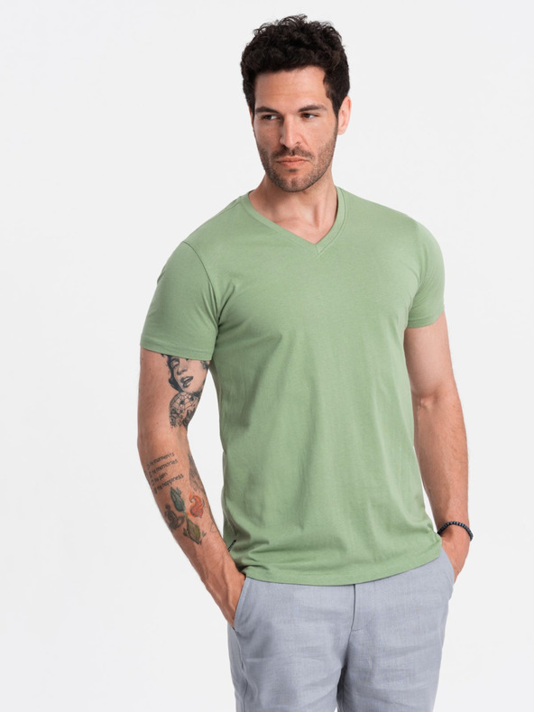 Ombre Clothing Klasszikus pamut férfi BASIC V-nyakú póló - zöld V11 OM-TSBS-0145 Ombre Ruházat