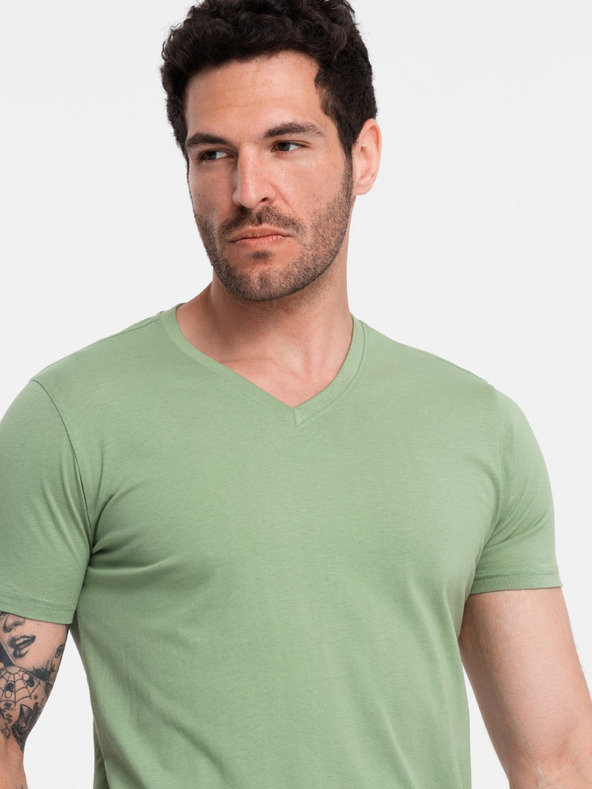 Ombre Clothing Klasszikus pamut férfi BASIC V-nyakú póló - zöld V11 OM-TSBS-0145 Ombre Ruházat