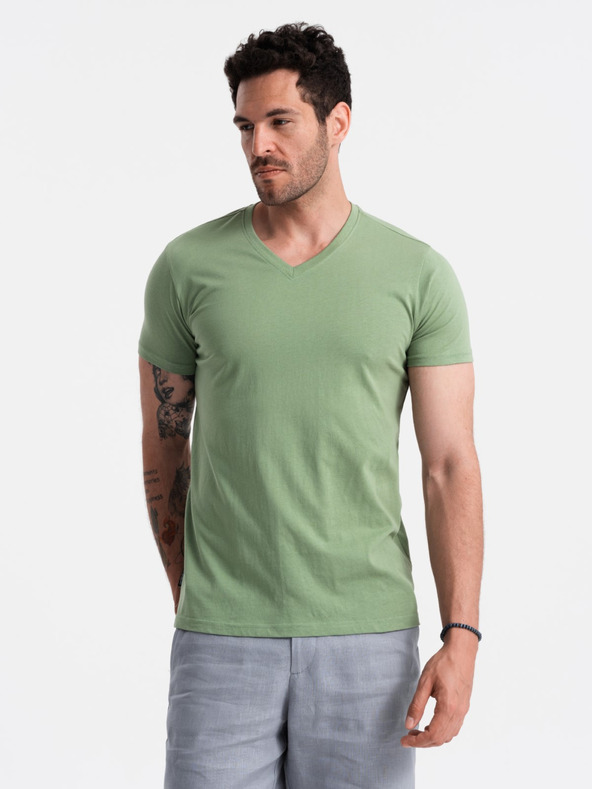Ombre Clothing Klasszikus pamut férfi BASIC V-nyakú póló - zöld V11 OM-TSBS-0145 Ombre Ruházat