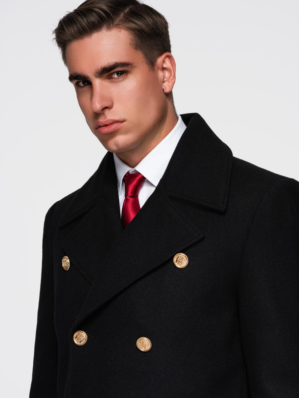 Ombre Clothing Elegáns férfi katonai kétcsatornás gyapjú kabát - fekete V1 OM-COWC-0145 Ombre Clothing