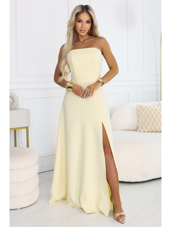 numoco ELARA Fűzős maxi ruha hasítékkal és háti kötéssel - vajszínű