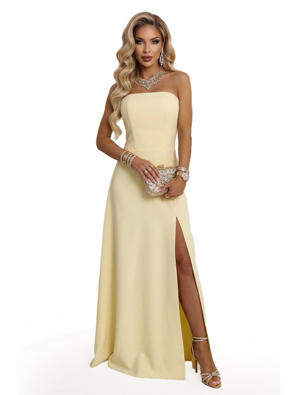 numoco ELARA Fűzős maxi ruha hasítékkal és háti kötéssel - vajszínű