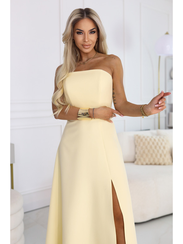 numoco ELARA Fűzős maxi ruha hasítékkal és háti kötéssel - vajszínű