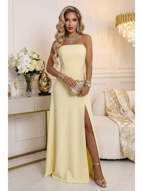 numoco ELARA Fűzős maxi ruha hasítékkal és háti kötéssel - vajszínű