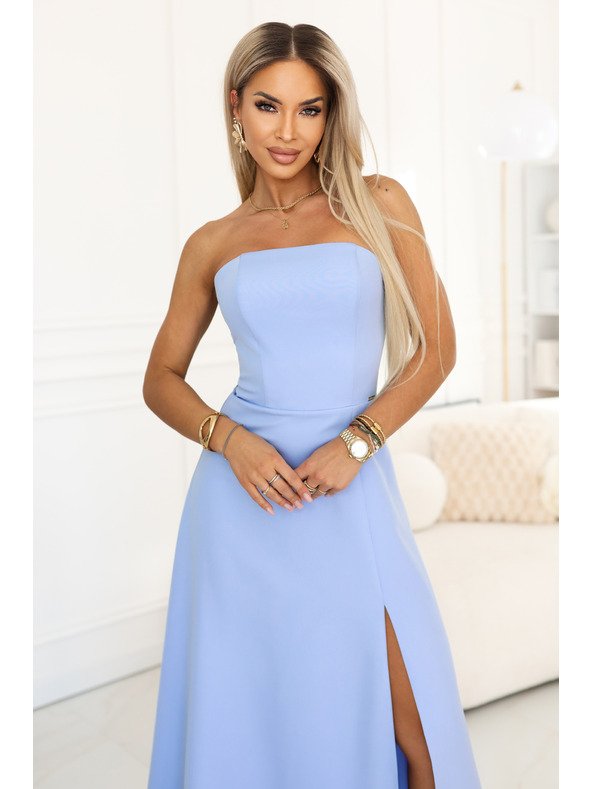 numoco ELARA Fűzős maxi ruha hasítékkal és háti megkötéssel - világoskék