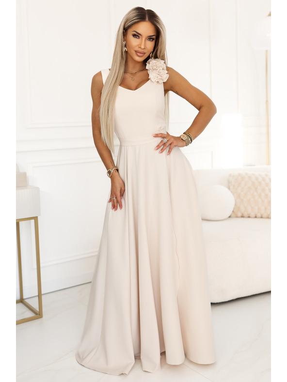 numoco Elegáns esti maxi ruha hasítékkal és rózsákkal - bézs