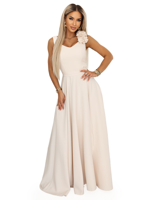 numoco Elegáns esti maxi ruha hasítékkal és rózsákkal - bézs