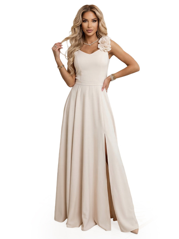 numoco Elegáns esti maxi ruha hasítékkal és rózsákkal - bézs