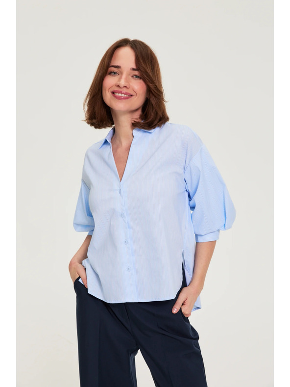 Moodo Csíkos blúz bubif袖 világos kék Moodo