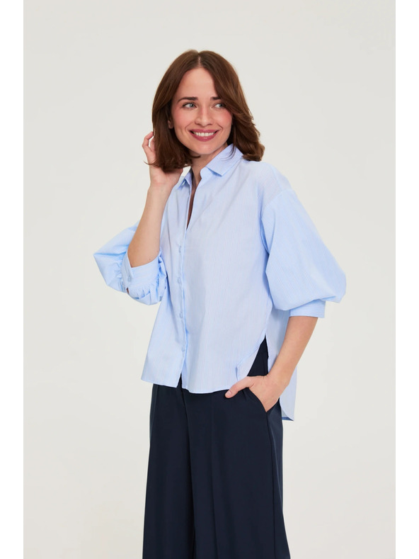 Moodo Csíkos blúz bubif袖 világos kék Moodo