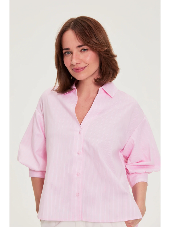 Moodo Csíkos blúz bubif袖 rózsaszín Moodo