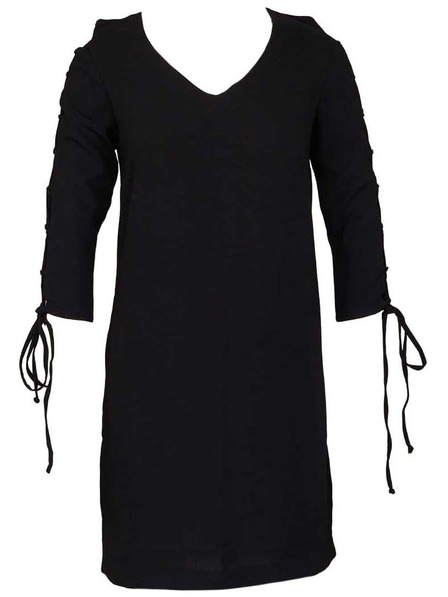 CAMAIEU Fekete ruha ujján fűzött díszítéssel