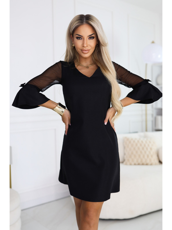 numoco Trapéz alakú csillogó ruha tüll ujjakkal és V-nyakkal - fekete