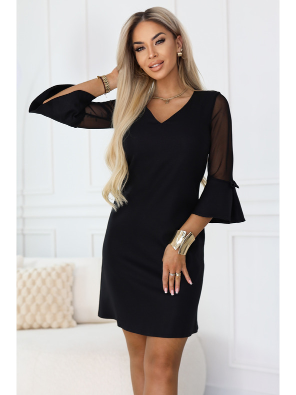 numoco Trapéz alakú csillogó ruha tüll ujjakkal és V-nyakkal - fekete