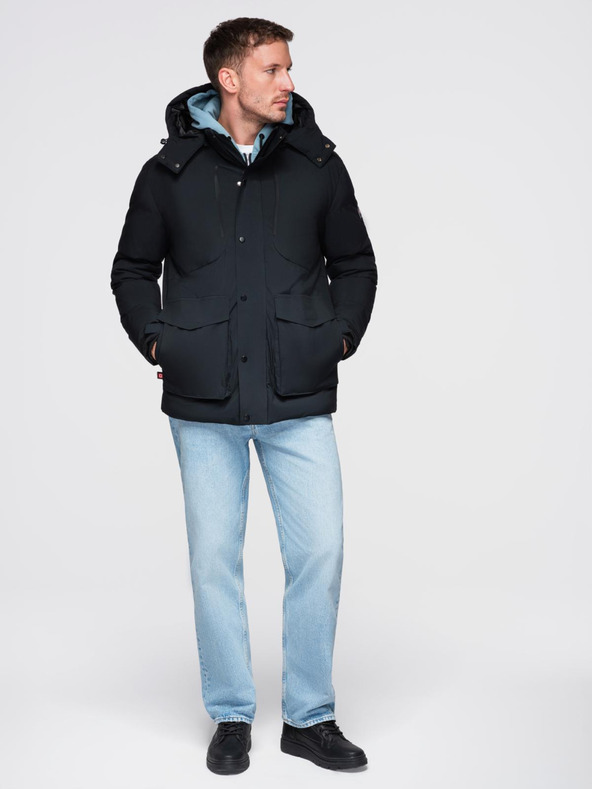 Ombre Clothing Férfi téli dzseki levehető kapucnival vízálló anyagból - fekete V3 OM-JAHP-0306 Ombre Clothing